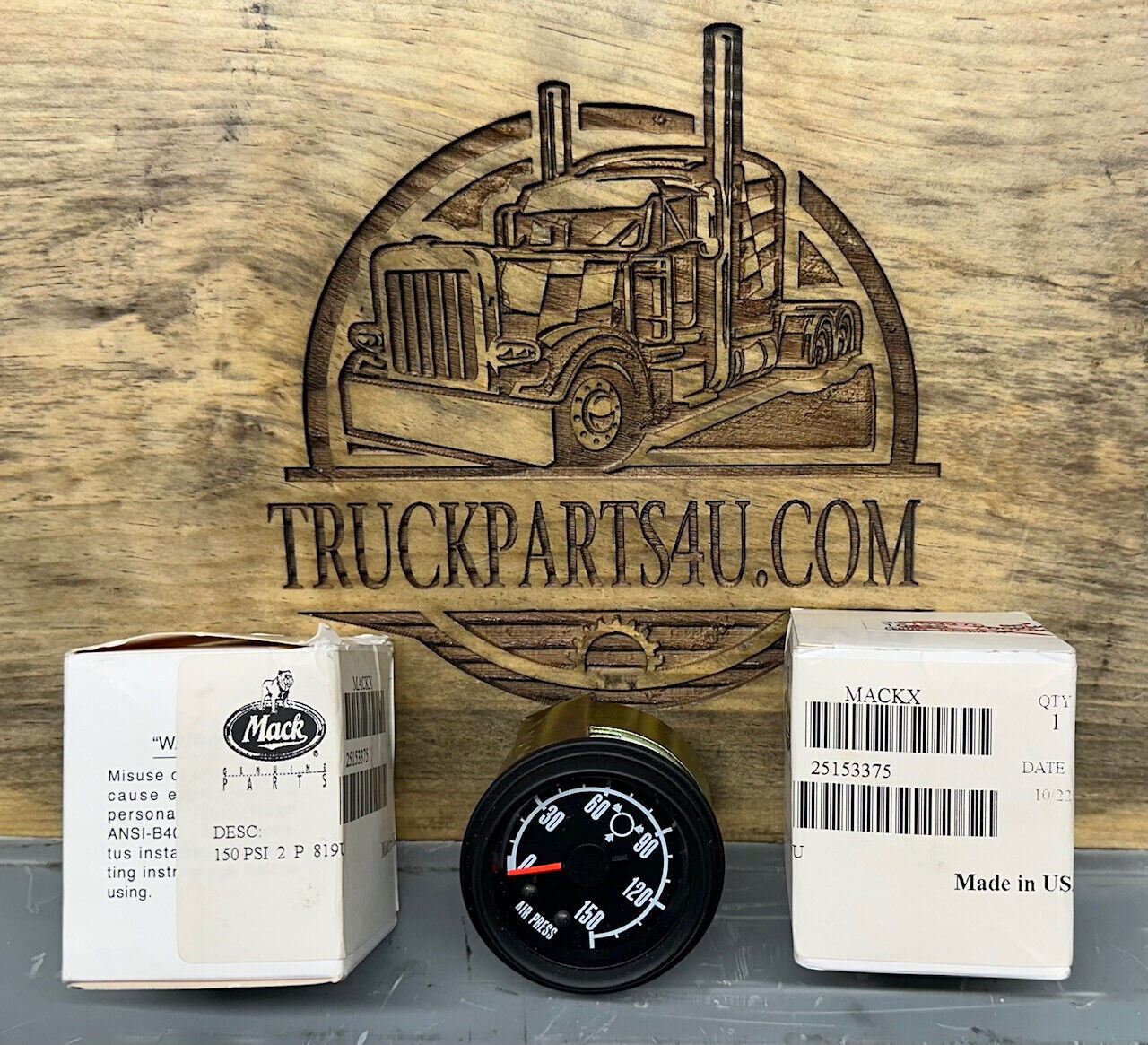 OEM Mack air pressure gauge 25153375 – 0–150 PSI, part 7MT231P1
